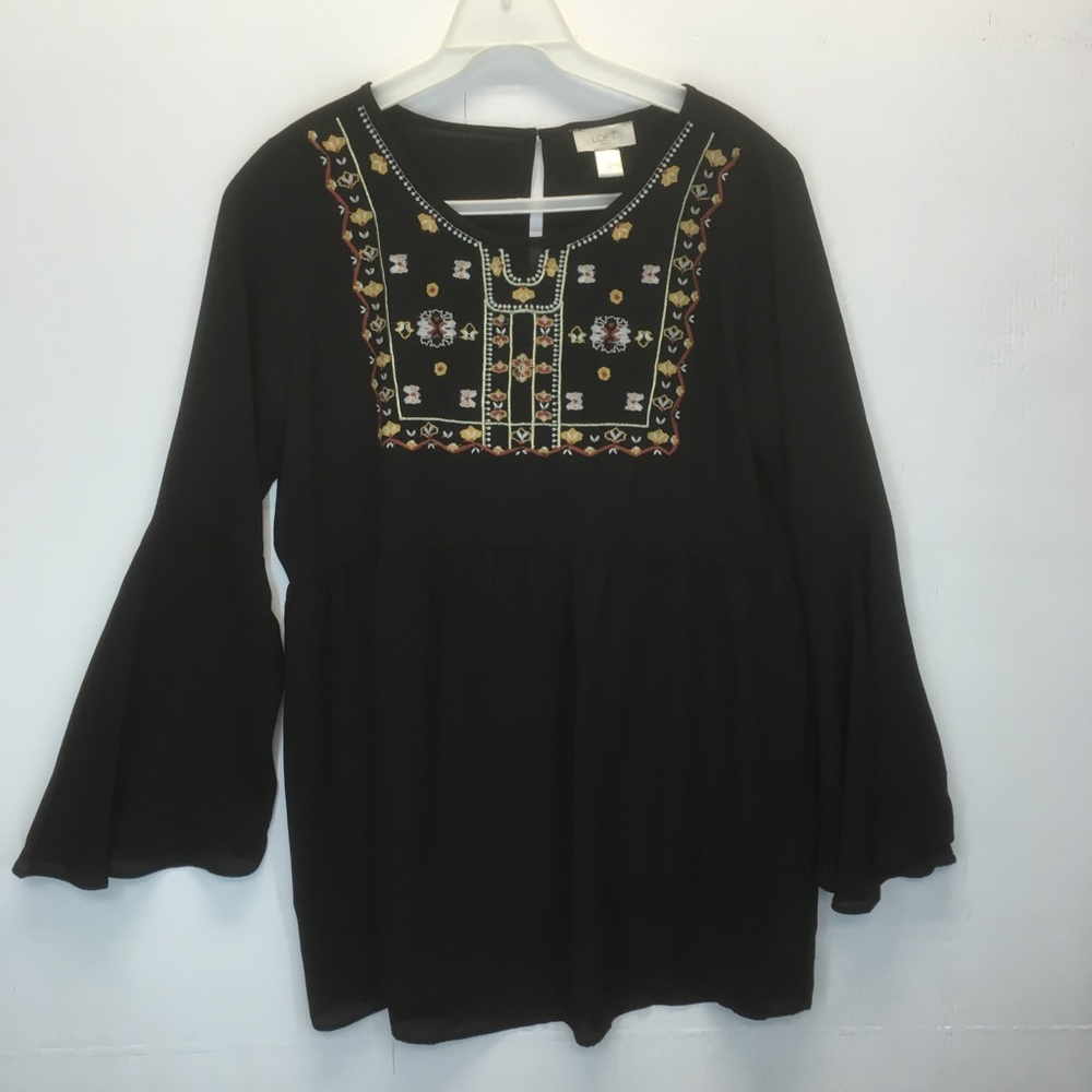 Loft black embroidered bell sleeve tunic blouse
